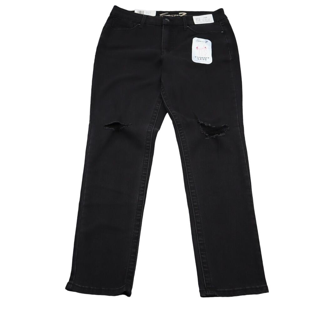 Seven7 Pants Womens 14 Black Denim Tummy Less High Rise Distressed Skinny Jeans